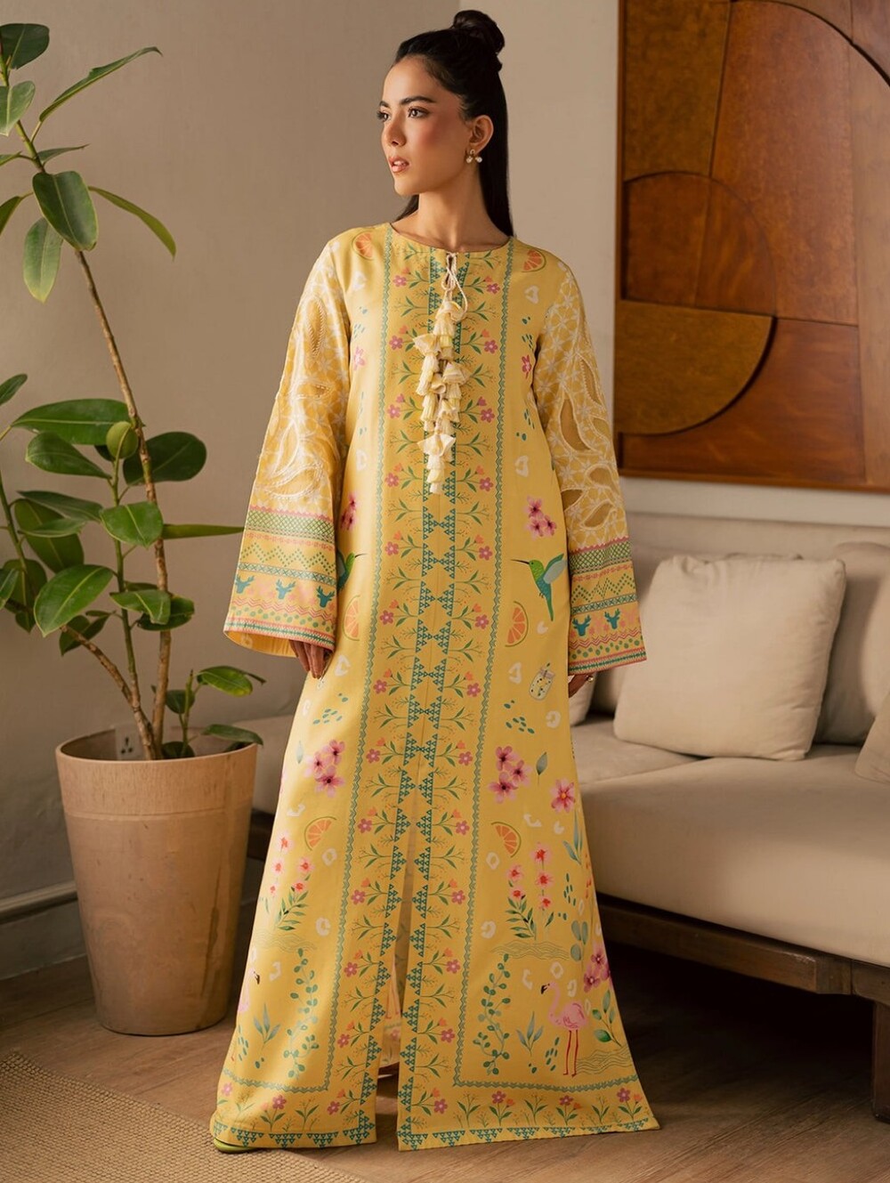 Yellow Floral Long Sleeve Kaftan Dress